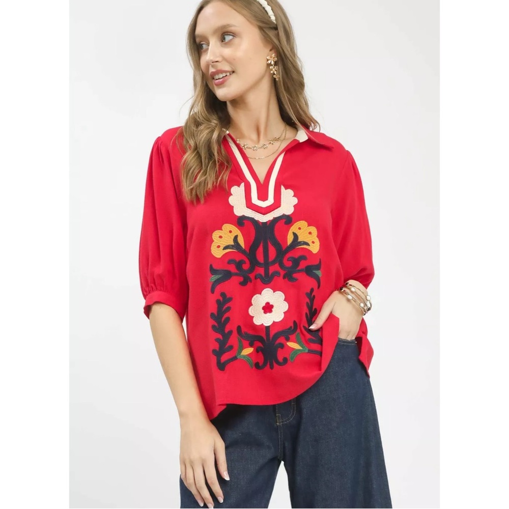 Umgee Embroidered V-Neck Mixed Media Top